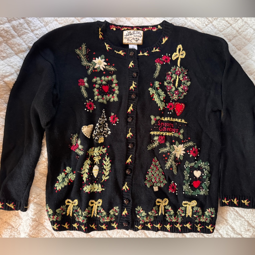 Festive Black Sweater with Holiday Embroidery